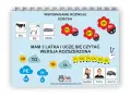 Plansza edukacyjna z obrazkami zwierząt i wyrazami na 3 litery dla dzieci: MU, BE, MIAU. Uczy czytać sylaby: TO, TA, PE, PI, BI, BU, BY, DY, DO, DA, DU, DE, DI.