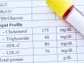 Wyniki badań lipidogram: cholesterol, trójglicerydy, HDL-C, LDL-C. Obok probówka z krwią.