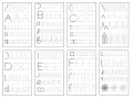 Zestaw ćwiczeń do nauki pisania liter drukowanych: A, B, C, D, E, F, a, b, c, d, e, f. Dzieci ćwiczą pisanie kształtów i liter.