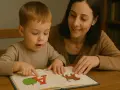 Mama uczy malucha liter i obrazków. Radość z nauki czytania dla dzieci.