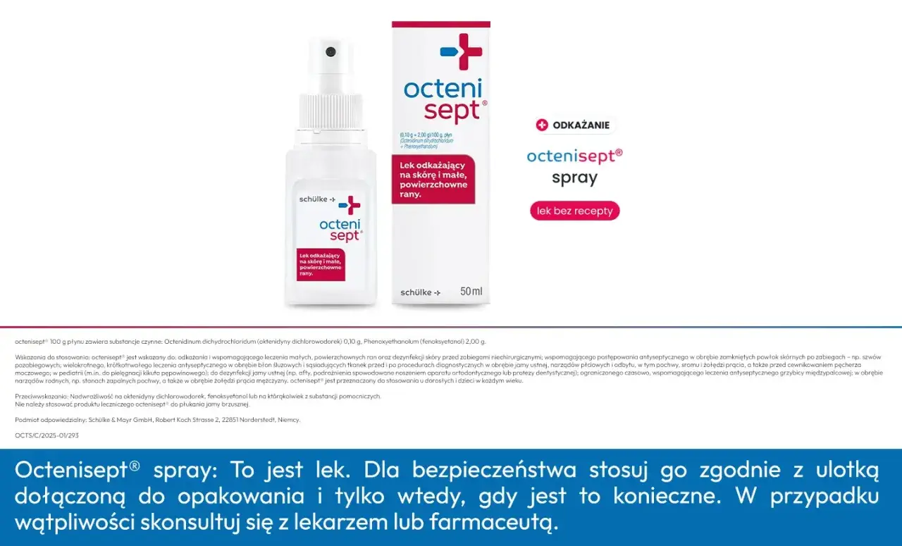 Octenisept spray do odkażania małych, powierzchownych ran. Domowe sposoby na przyspieszenie gojenia ran obejmują jego stosowanie.