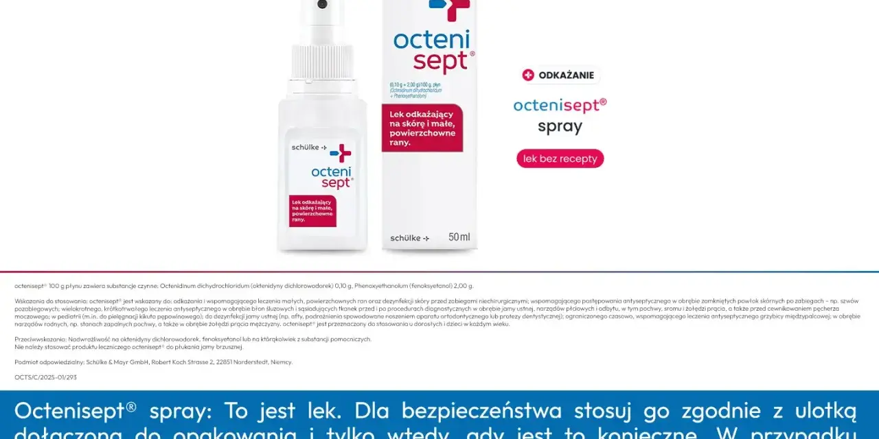 Octenisept spray do odkażania małych, powierzchownych ran. Domowe sposoby na przyspieszenie gojenia ran obejmują jego stosowanie.