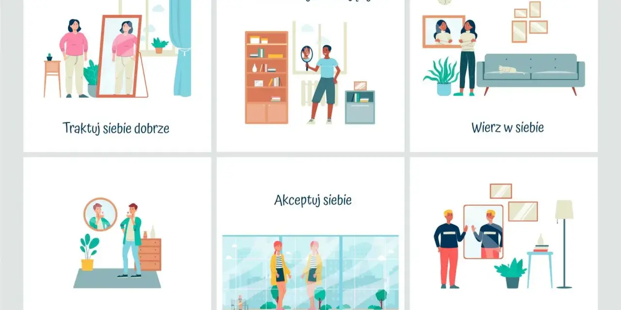 Ilustracje pokazują, jak radzić sobie z niskim poczuciem własnej wartości: traktuj siebie dobrze, bądź sobą, akceptuj siebie, kochaj siebie, wierz w siebie i bądź wystarczający.