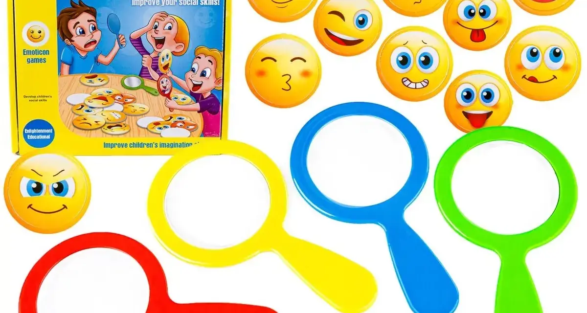 Zestaw do nauki rozpoznawania emocji dla dzieci. Kolorowe emotki i lupki zachęcają do zabawy i rozwijania umiejętności społecznych.