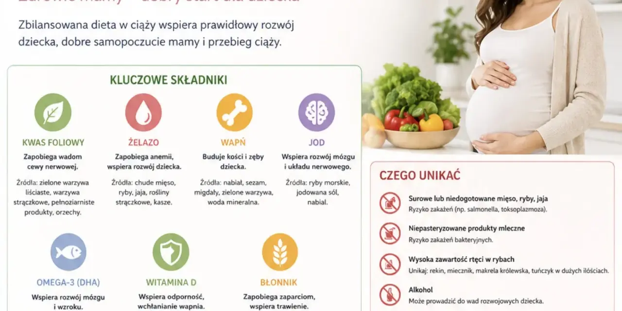 Co jeść w ciąży? Zbilansowana dieta to klucz do zdrowia mamy i dziecka. Obraz pokazuje kluczowe składniki odżywcze i produkty, których należy unikać.