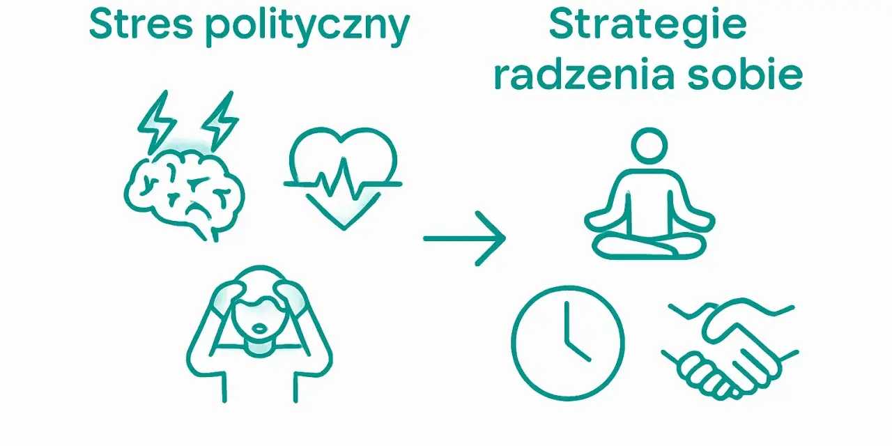 Stres polityczny objawy: ból głowy, problemy z sercem. Strategie radzenia sobie: medytacja, zegar, uścisk dłoni.