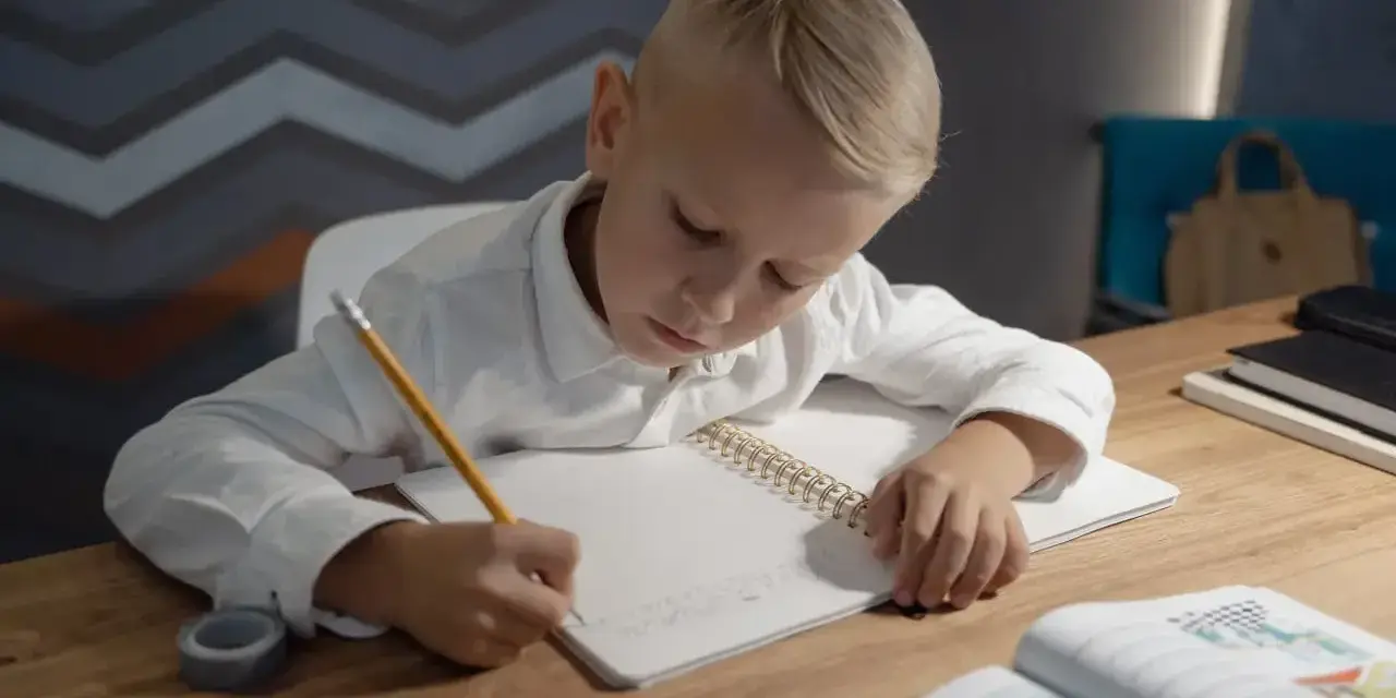 Chłopiec pisze w zeszycie, ćwicząc jak wytłumaczyć dziecku dodawanie i odejmowanie do 20.