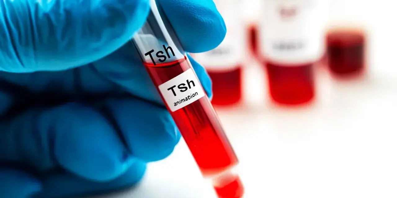 Ręka w niebieskiej rękawiczce trzyma probówkę z krwią oznaczoną "Tsh". W tle inne probówki. Badanie TSH pomaga diagnozować niedoczynność tarczycy.