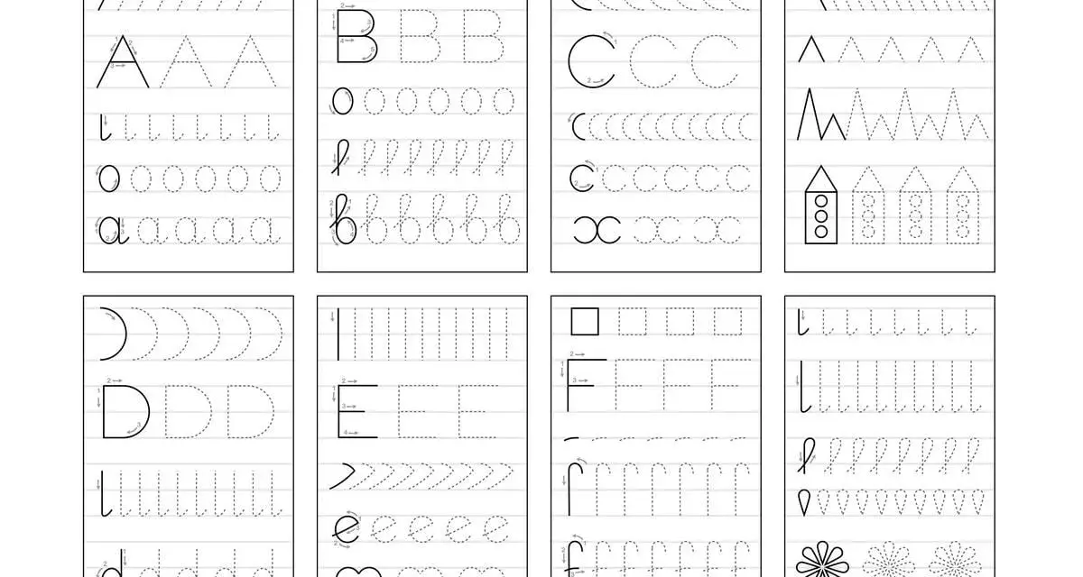 Zestaw ćwiczeń do nauki pisania liter drukowanych: A, B, C, D, E, F, a, b, c, d, e, f. Dzieci ćwiczą pisanie kształtów i liter.