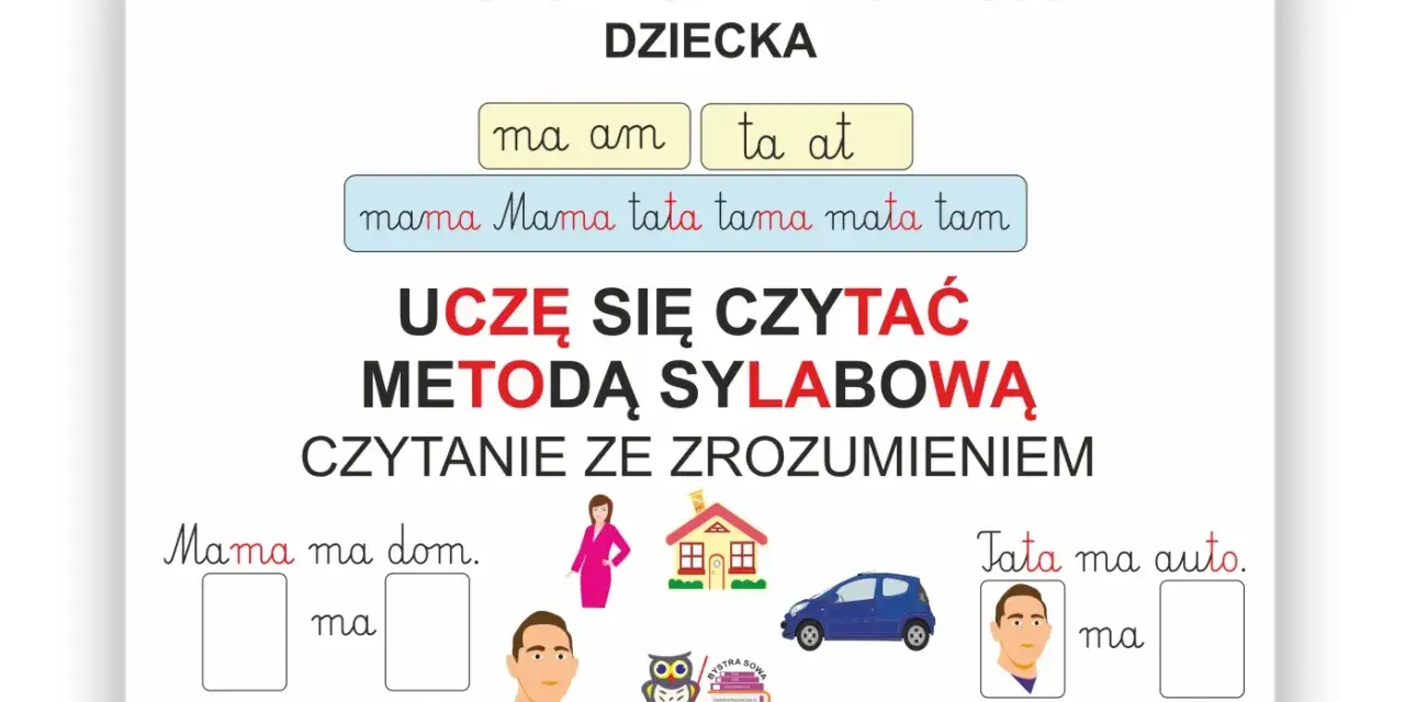 Pomoc w nauce czytania metodą sylabową. Dziecko uczy się czytać ze zrozumieniem, ćwicząc sylaby i proste zdania.