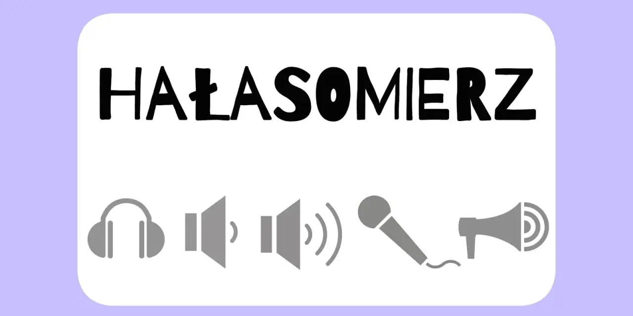 Grafika z napisem "HAŁASOMIERZ" i ikonami: słuchawki, głośniki, mikrofon, megafon. Idealne do zabaw wyciszających w przedszkolu.