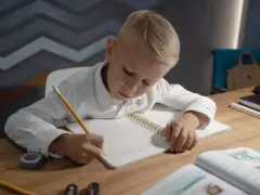 Chłopiec pisze w zeszycie, ćwicząc jak wytłumaczyć dziecku dodawanie i odejmowanie do 20.