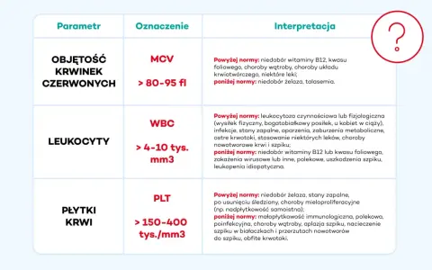 Tabela interpretuje wyniki morfologii: objętość krwinek czerwonych (MCV), leukocyty (WBC) i płytki krwi (PLT).