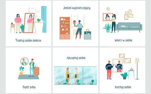 Ilustracje pokazują, jak radzić sobie z niskim poczuciem własnej wartości: traktuj siebie dobrze, bądź sobą, akceptuj siebie, kochaj siebie, wierz w siebie i bądź wystarczający.