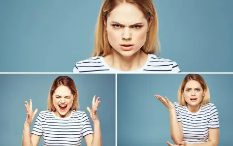 Trzy ujęcia młodej kobiety w pasiastej bluzce: zła, krzycząca i zdziwiona. Widać, że panuje nad emocjami inaczej.