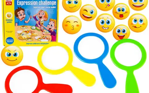 Zestaw do nauki rozpoznawania emocji dla dzieci. Kolorowe emotki i lupki zachęcają do zabawy i rozwijania umiejętności społecznych.