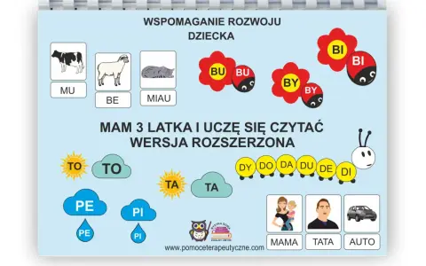 Plansza edukacyjna z obrazkami zwierząt i wyrazami na 3 litery dla dzieci: MU, BE, MIAU. Uczy czytać sylaby: TO, TA, PE, PI, BI, BU, BY, DY, DO, DA, DU, DE, DI.