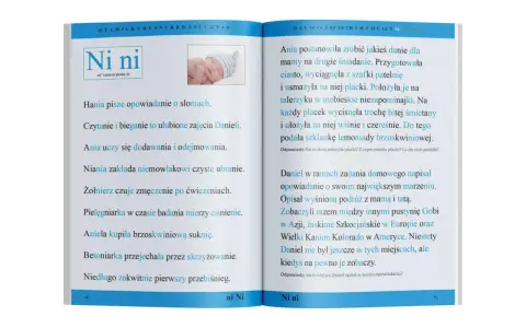 Książka z czytankami dla 6 latka. Na lewej stronie obrazek niemowlaka i krótkie zdania. Na prawej opowiadanie Ani o plackach i marzeniach Daniela.