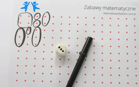 Zabawy matematyczne dla 6 latka: rysowanie cyfr i figur z kropek, kostka do gry i flamaster.