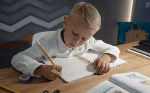 Chłopiec pisze w zeszycie, ćwicząc jak wytłumaczyć dziecku dodawanie i odejmowanie do 20.