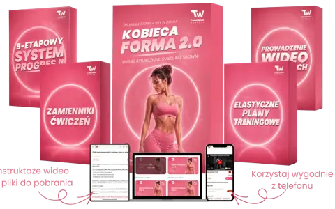 Zestaw materiałów do treningu w domu: "Kobieca Forma 2.0", plany treningowe, zamienniki ćwiczeń, instruktaże wideo. Jak zadbać o siebie, by osiągnąć wymarzoną sylwetkę.