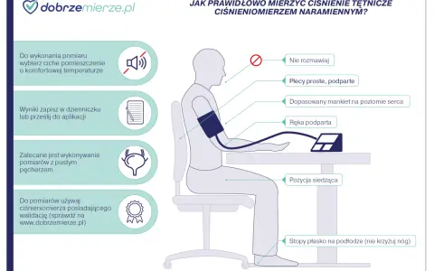 Unikaj 5 błędów przy mierzeniu ciśnienia: nie rozmawiaj, plecy proste, ręka podparta, stopy płasko, ciche miejsce.