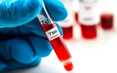 Ręka w niebieskiej rękawiczce trzyma probówkę z krwią oznaczoną "Tsh". W tle inne probówki. Badanie TSH pomaga diagnozować niedoczynność tarczycy.