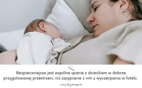Matka i dziecko śpią razem. Psychologia spania z dzieckiem podkreśla bezpieczeństwo wspólnego snu w przygotowanej przestrzeni.