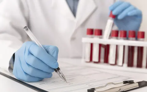 Laborant w rękawiczkach zapisuje dane pacjenta, obok stoją probówki z krwią do analizy CRP.