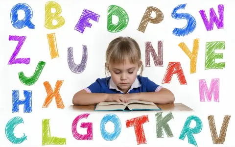 Dziewczynka z orzeczeniem o dysleksji skupiona na książce, otoczona kolorowymi literami alfabetu.