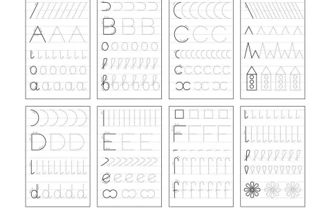 Zestaw ćwiczeń do nauki pisania liter drukowanych: A, B, C, D, E, F, a, b, c, d, e, f. Dzieci ćwiczą pisanie kształtów i liter.