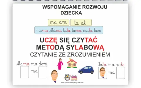Pomoc w nauce czytania metodą sylabową. Dziecko uczy się czytać ze zrozumieniem, ćwicząc sylaby i proste zdania.