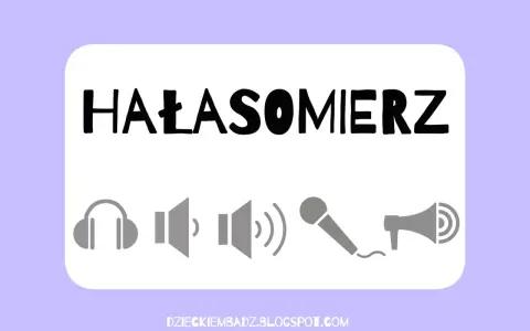 Grafika z napisem "HAŁASOMIERZ" i ikonami: słuchawki, głośniki, mikrofon, megafon. Idealne do zabaw wyciszających w przedszkolu.