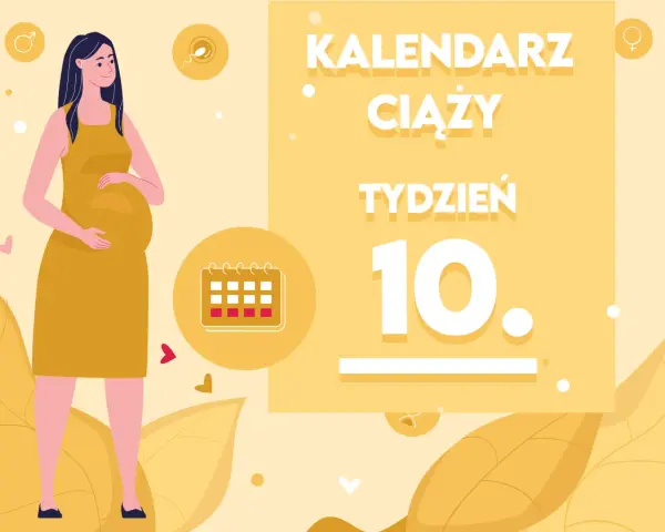 Kobieta w żółtej sukience, w 10 tygodniu ciąży. Kalendarz ciąży, tydzień 10.