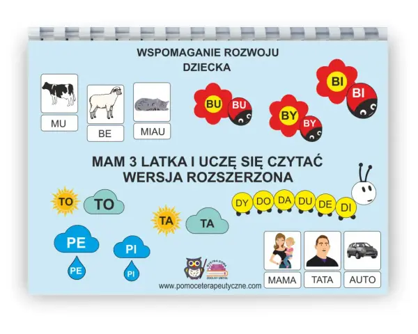 Plansza edukacyjna z obrazkami zwierząt i wyrazami na 3 litery dla dzieci: MU, BE, MIAU. Uczy czytać sylaby: TO, TA, PE, PI, BI, BU, BY, DY, DO, DA, DU, DE, DI.