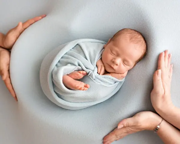 Otulony w błękitny kocyk śpi noworodek. Dookoła czuwają dłonie rodziców, tworząc bezpieczne gniazdko dla dziecka po 30. tygodniu ciąży.