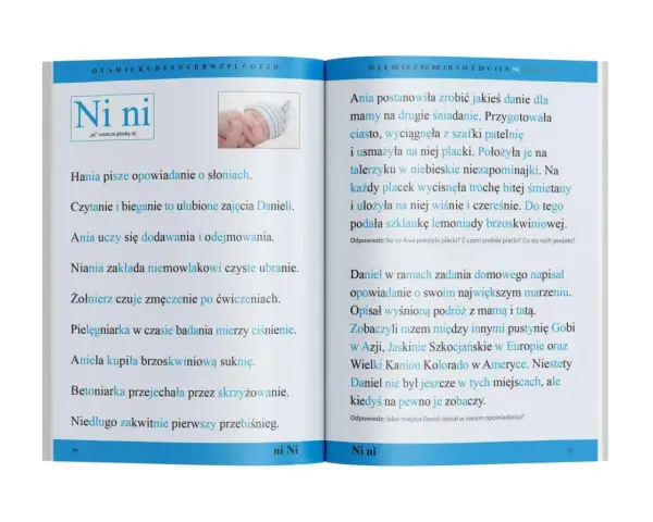 Książka z czytankami dla 6 latka. Na lewej stronie obrazek niemowlaka i krótkie zdania. Na prawej opowiadanie Ani o plackach i marzeniach Daniela.