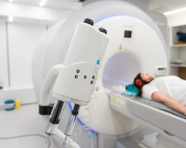Pacjentka leży w aparacie do rezonansu magnetycznego, przygotowana do tomografii z kontrastem. Nawet przy przeziębieniu, diagnostyka jest kluczowa.