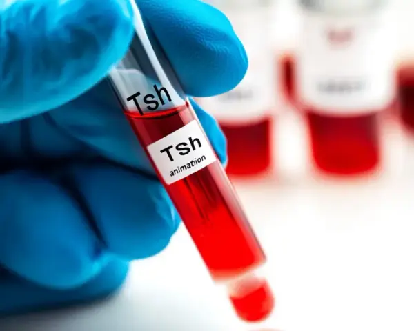 Ręka w niebieskiej rękawiczce trzyma probówkę z krwią oznaczoną "Tsh". W tle inne probówki. Badanie TSH pomaga diagnozować niedoczynność tarczycy.
