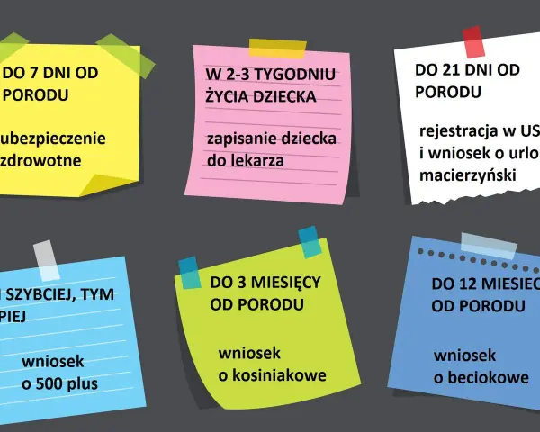 Karta urodzenia dziecka ze szpitala: terminy ubezpieczenia, wizyty u lekarza, rejestracji w USC, urlopu macierzyńskiego i wniosków o świadczenia.