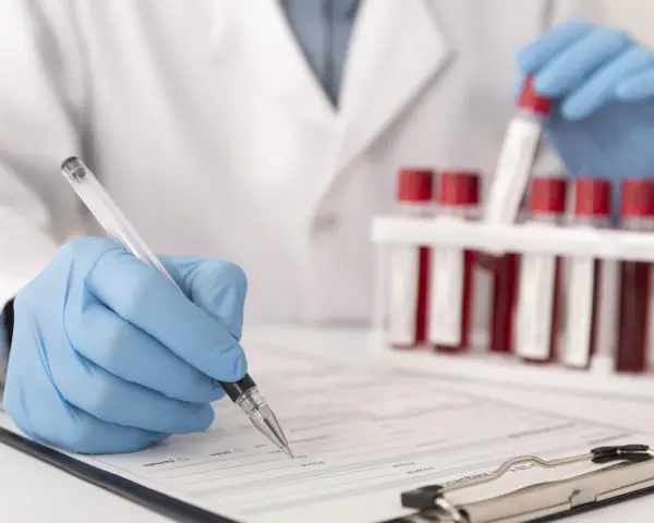 Laborant w rękawiczkach zapisuje dane pacjenta, obok stoją probówki z krwią do analizy CRP.