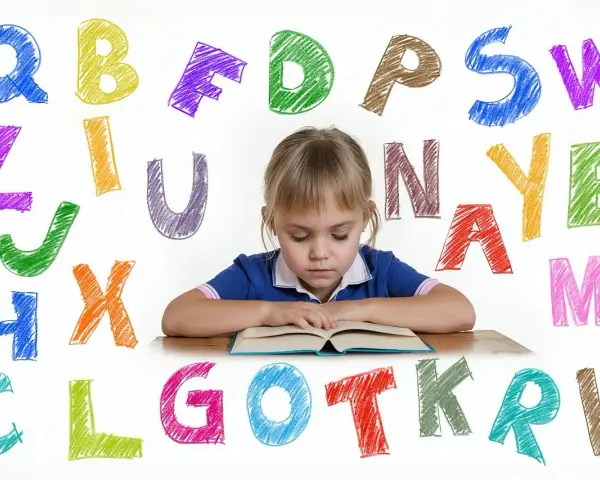 Dziewczynka z orzeczeniem o dysleksji skupiona na książce, otoczona kolorowymi literami alfabetu.