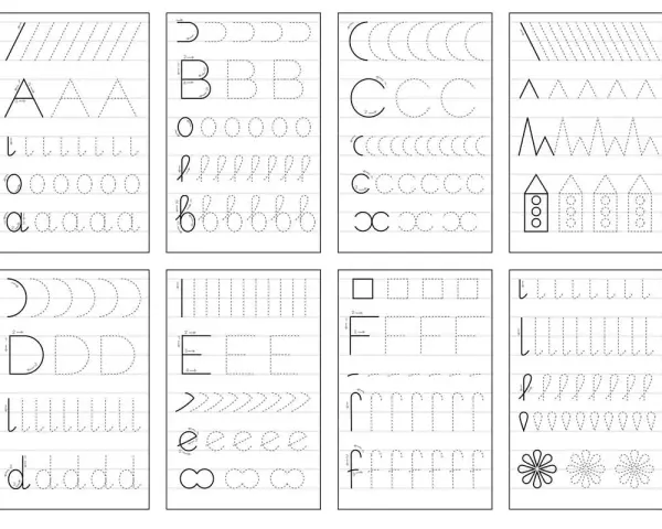 Zestaw ćwiczeń do nauki pisania liter drukowanych: A, B, C, D, E, F, a, b, c, d, e, f. Dzieci ćwiczą pisanie kształtów i liter.
