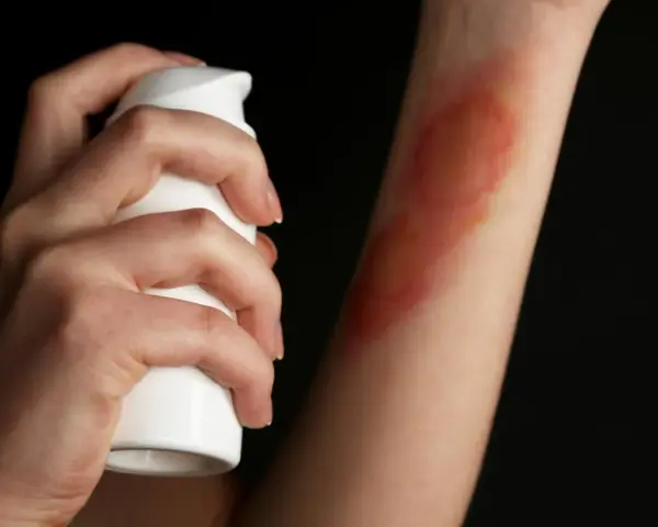 Dłoń aplikuje spray na rękę z widocznymi bliznami po oparzeniu 2 stopnia.