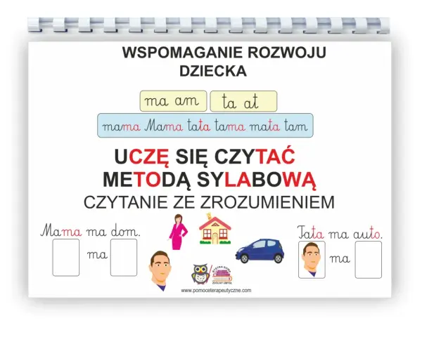 Pomoc w nauce czytania metodą sylabową. Dziecko uczy się czytać ze zrozumieniem, ćwicząc sylaby i proste zdania.