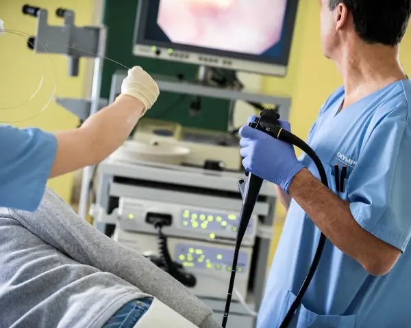 Lekarz wykonuje kolonoskopię, badanie kluczowe dla diagnostyki. Czy kolonoskopia jest bezpieczna? Tak, przy odpowiednim przygotowaniu i wykonaniu.