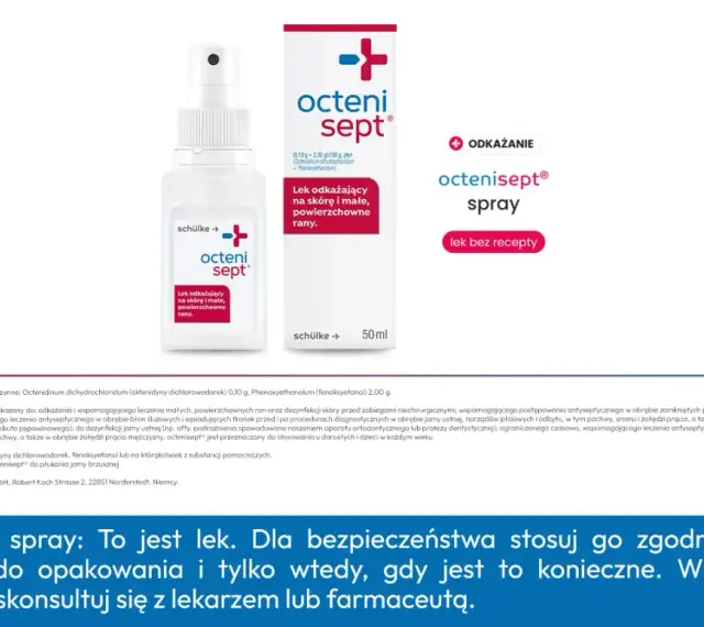 Octenisept spray do odkażania małych, powierzchownych ran. Domowe sposoby na przyspieszenie gojenia ran obejmują jego stosowanie.