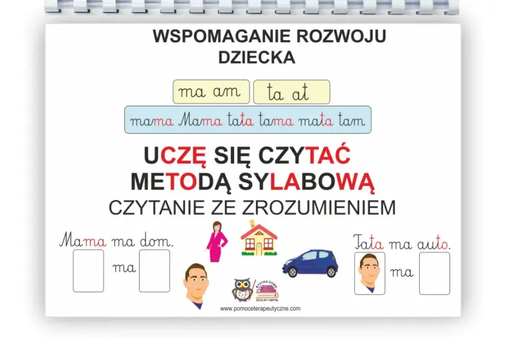 Pomoc w nauce czytania metodą sylabową. Dziecko uczy się czytać ze zrozumieniem, ćwicząc sylaby i proste zdania.