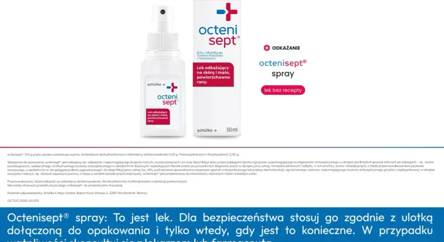 Octenisept spray do odkażania małych, powierzchownych ran. Domowe sposoby na przyspieszenie gojenia ran obejmują jego stosowanie.