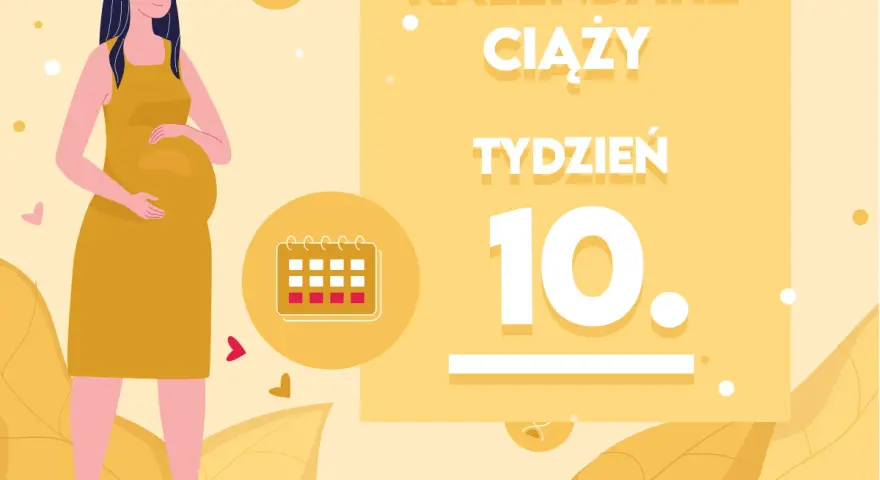 Kobieta w żółtej sukience, w 10 tygodniu ciąży. Kalendarz ciąży, tydzień 10.